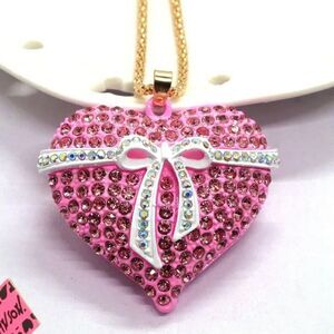 Rhinestone Enamel Pink Bow Love Heart Pendant NWOT